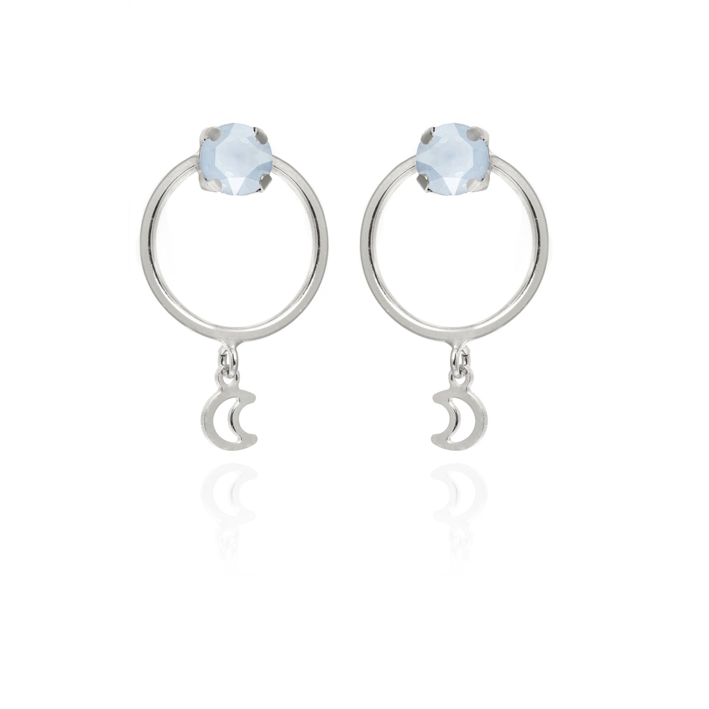 Rhodium Plated Sterling Silver Hoop earrings moon blue crystal from Selene