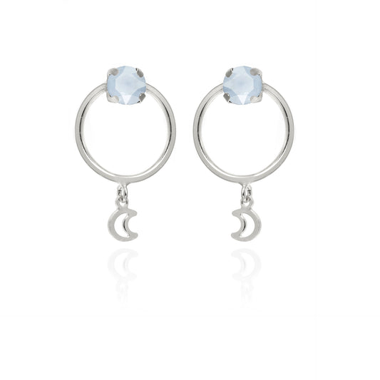 Rhodium Plated Sterling Silver Hoop earrings moon blue crystal from Selene