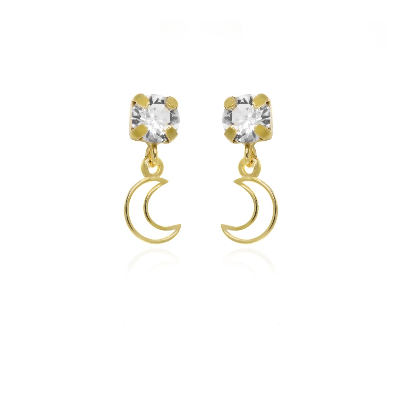 Pendientes cortos luna cristal blanco en Plata baño Oro de Selene