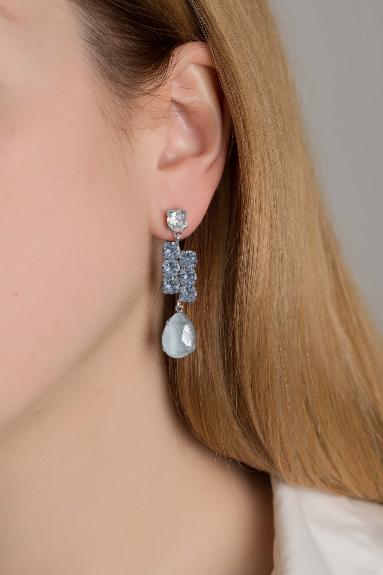 Rhodium Plated Sterling Silver Long earrings drop blue crystal from Pixel