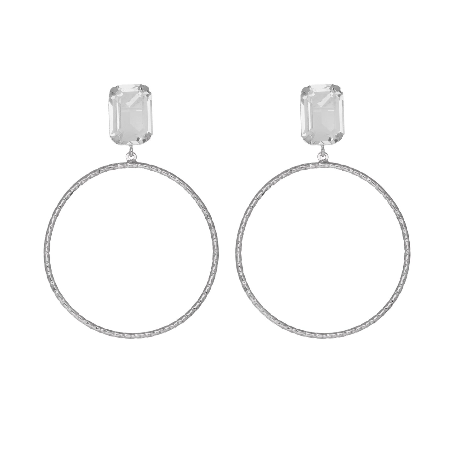 Pendientes largos rectángulo cristal blanco en Plata baño rodio de Helena