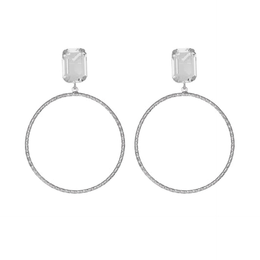 Pendientes largos rectángulo cristal blanco en Plata baño rodio de Helena