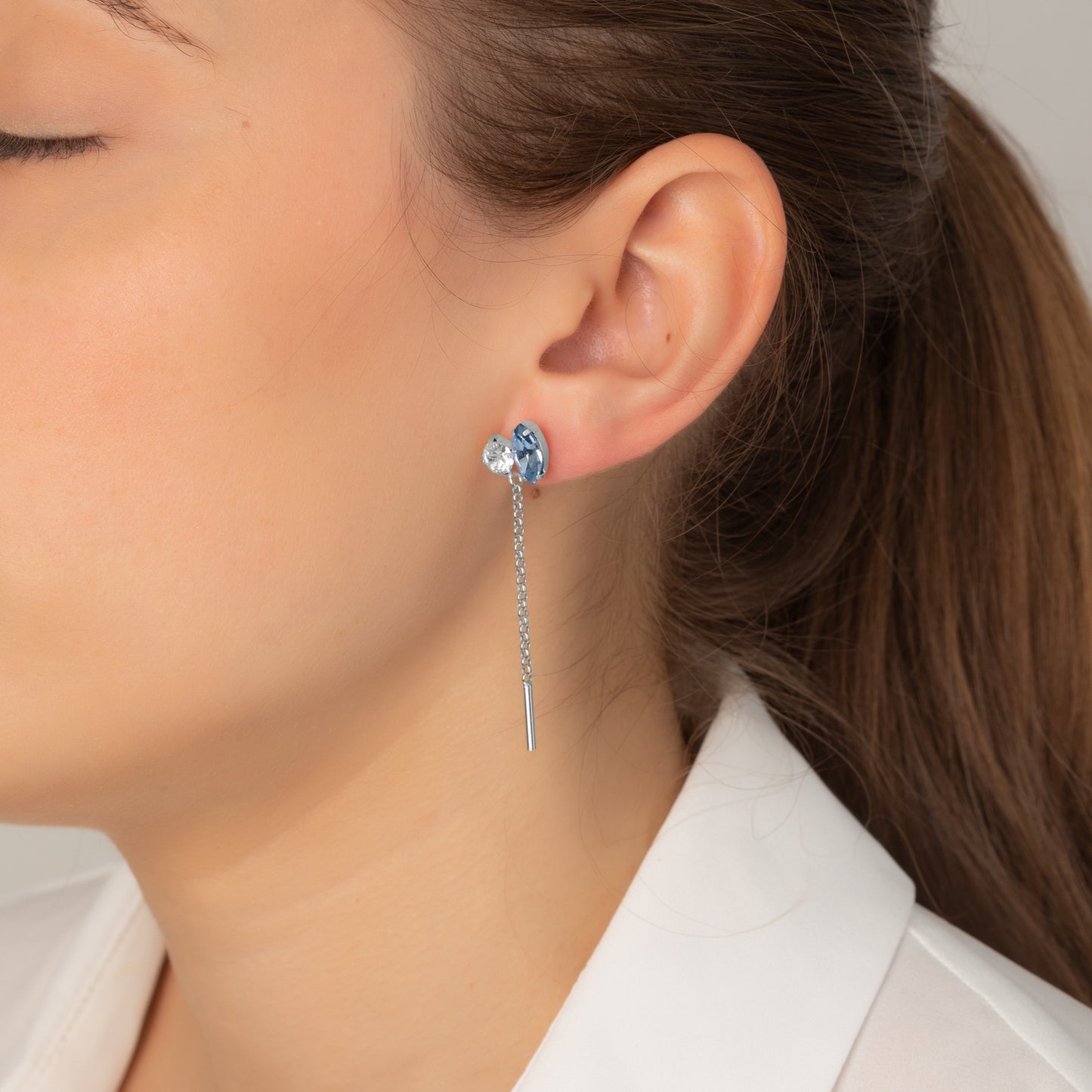 Rhodium Plated Sterling Silver Long earrings blue crystal from Keila