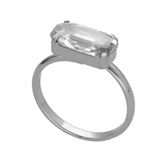 Rhodium Plated Sterling Silver Adjustable ring rectangle white crystal from Ginger