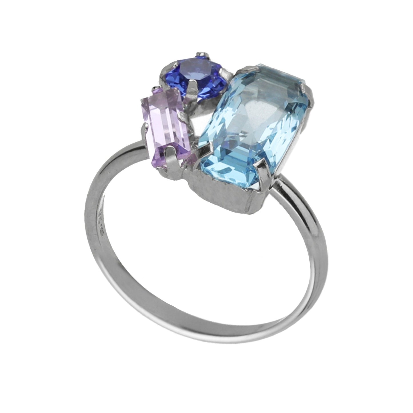 Rhodium Plated Sterling Silver Adjustable ring rectangle blue crystal from Inspire