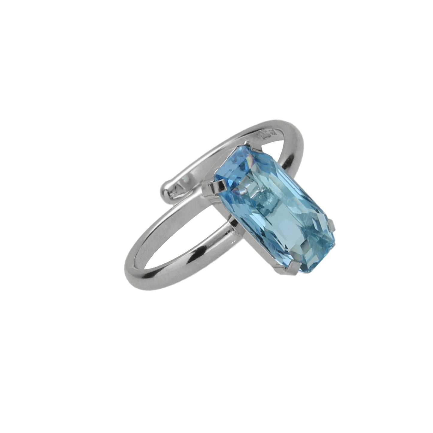 Rhodium Plated Sterling Silver Adjustable ring rectangle blue crystal from Inspire