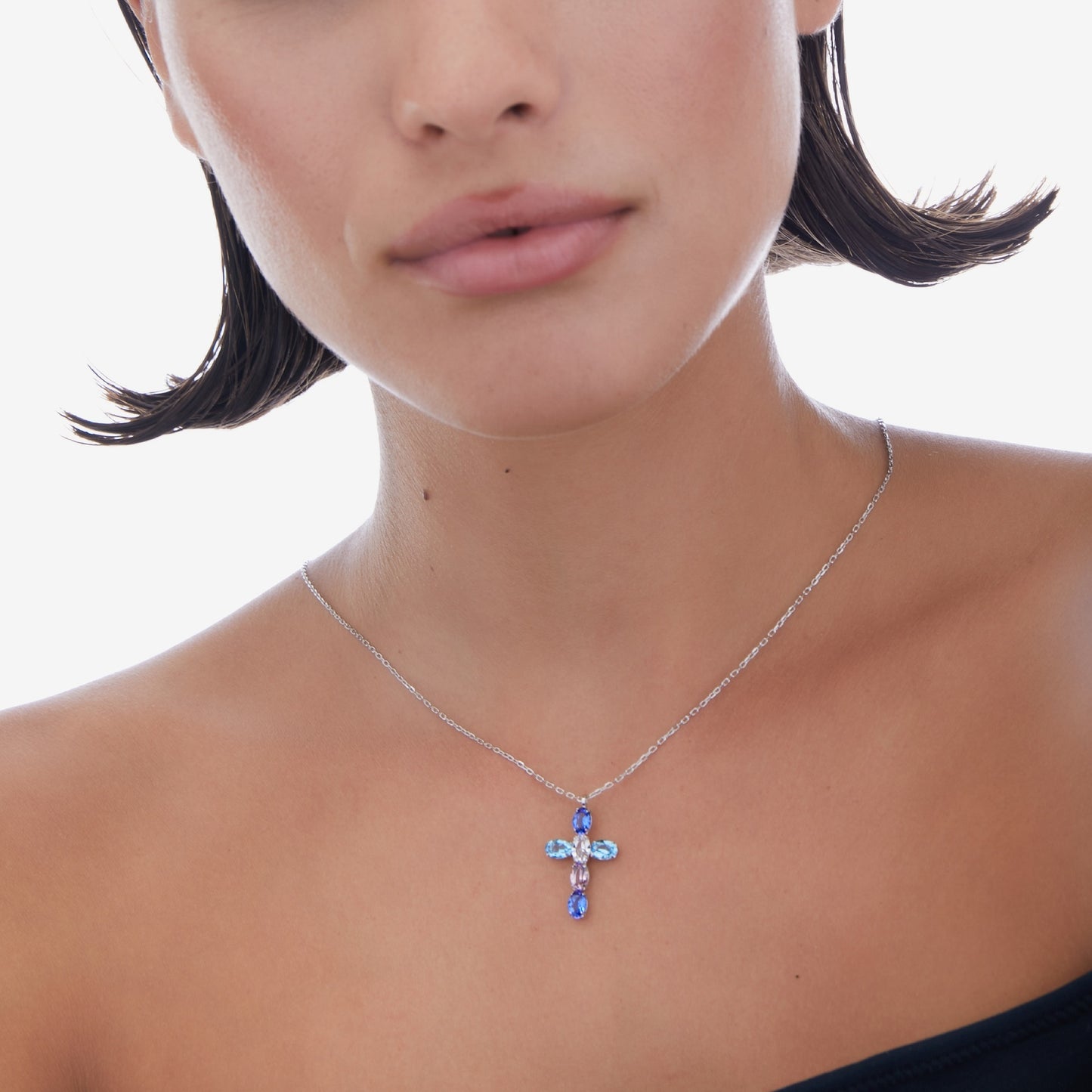 Rhodium Plated Sterling Silver Short necklace cross blue crystal from Harmony