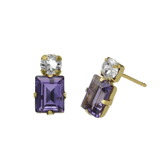 Pendientes botón rectángulo cristal morado en Plata baño Oro de Serenity