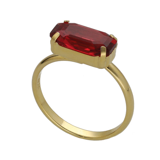 Gold plated Sterling Silver Adjustable ring rectangle red crystal from Ginger