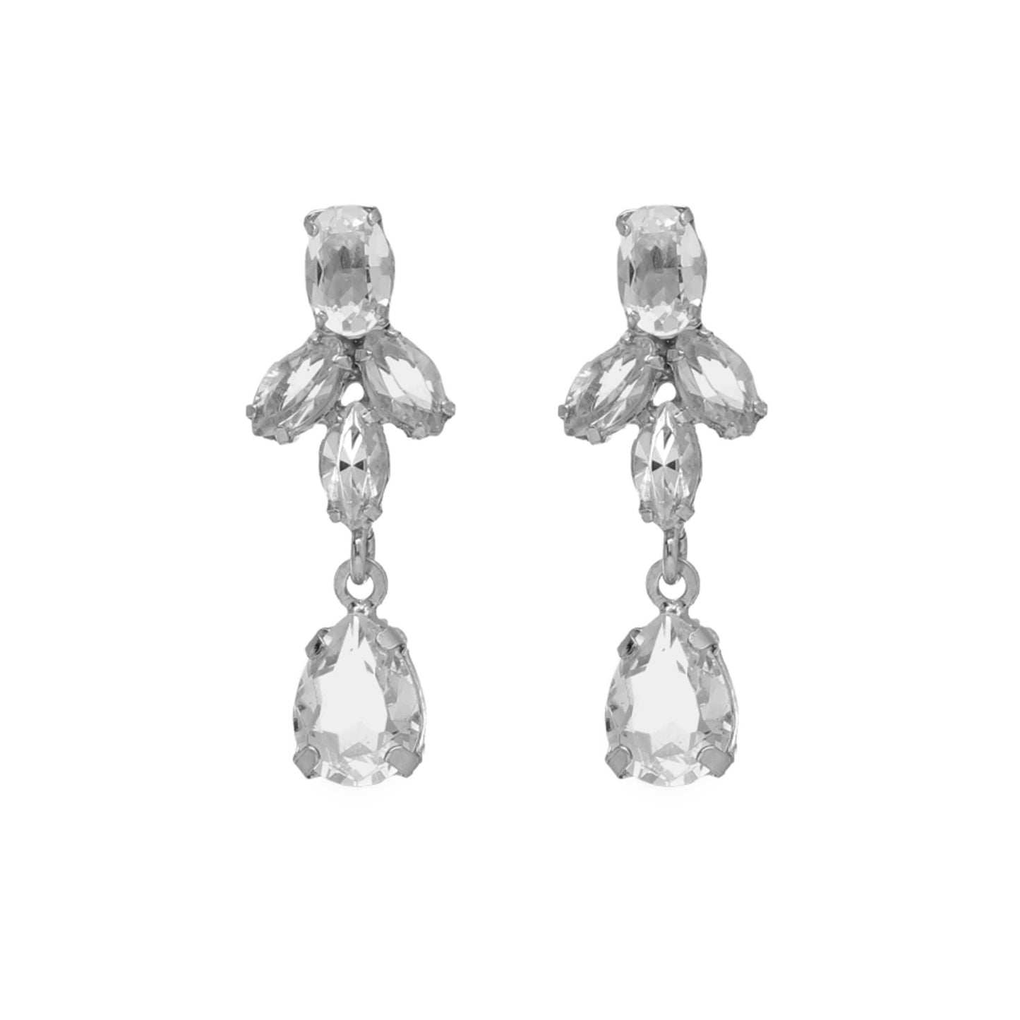 Rhodium Plated Sterling Silver Long earrings oval white crystal from Grace