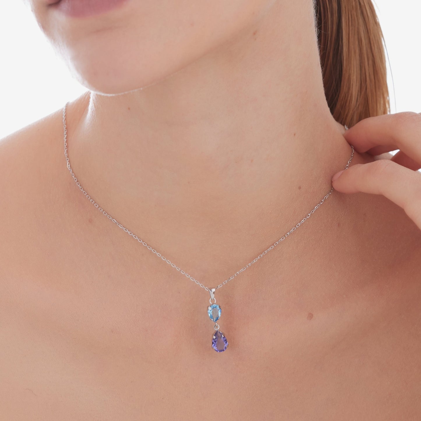 Rhodium Plated Sterling Silver Short necklace drop purple crystal from Glory