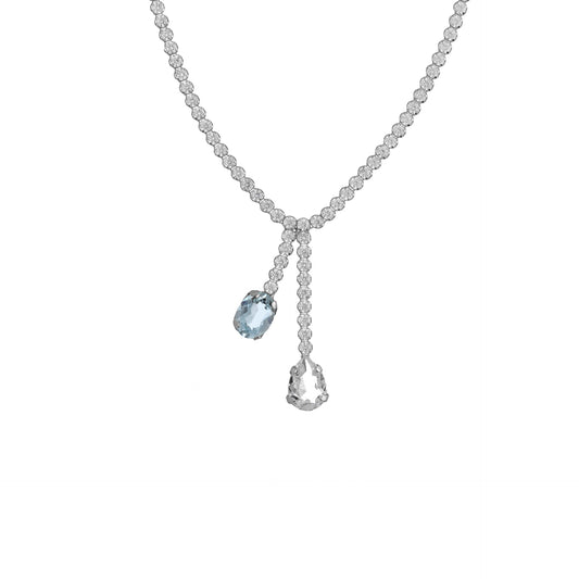 Rhodium plated Sterling Silver Long necklace waterfall blue crystal from Clarity