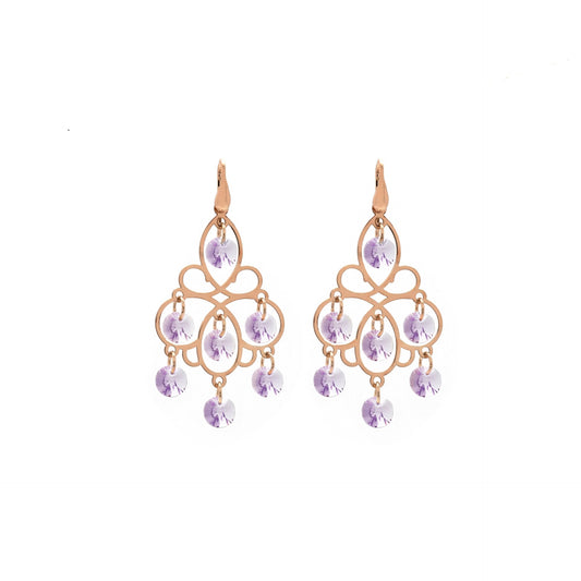 Pendientes largos cristal morado en Plata baño Oro Rosa de Luxury