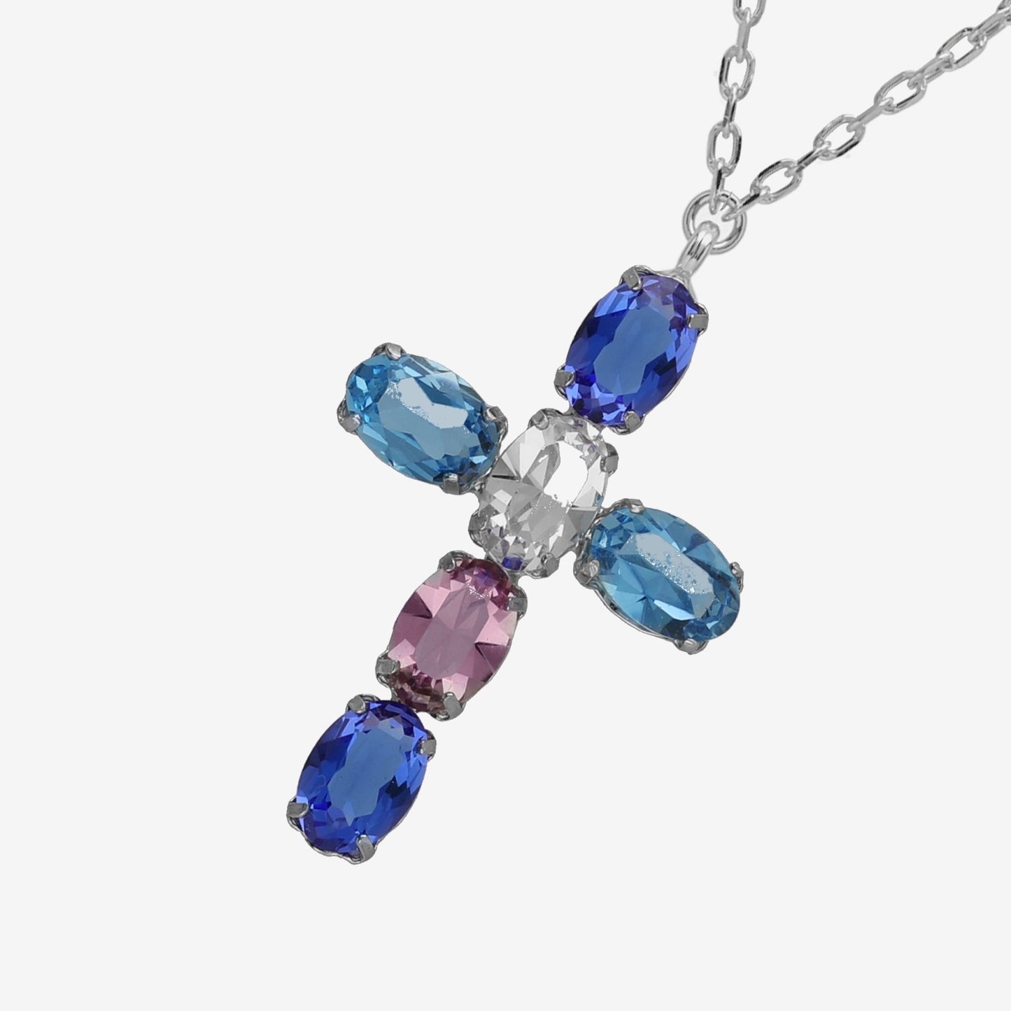 Rhodium Plated Sterling Silver Short necklace cross blue crystal from Harmony