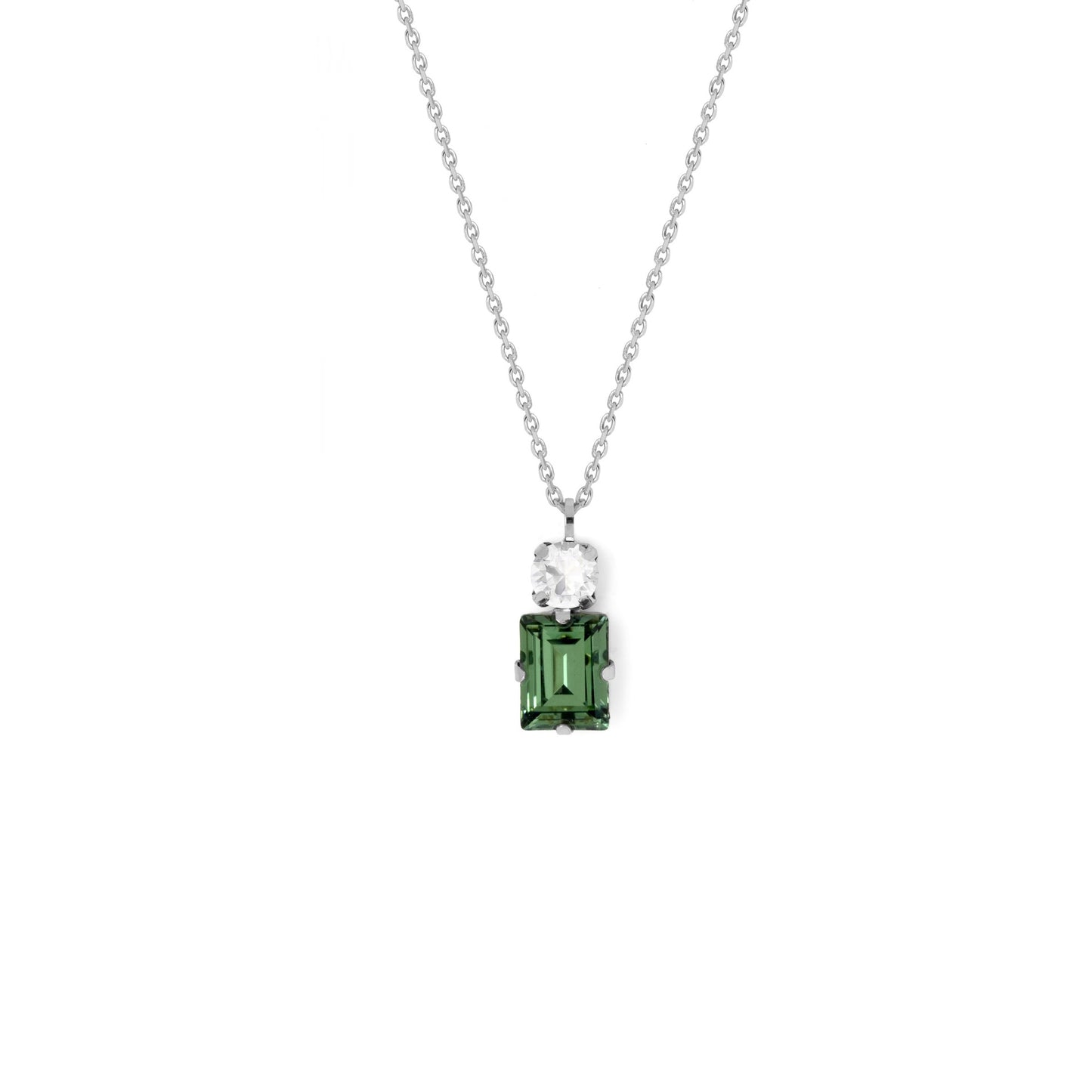 Rhodium Plated Sterling Silver Short necklace rectangle green crystal from Elaine