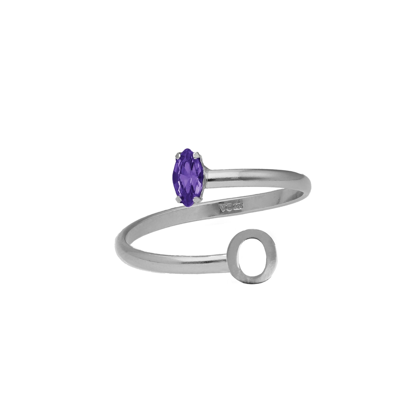 Anillo ajustable personalizado letra morado en Plata baño rodio de Thename