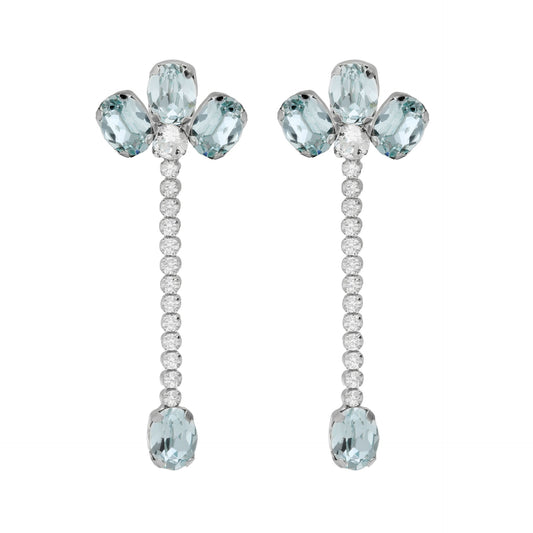 Rhodium plated Sterling Silver Long earrrings flower blue crystal from Clarity