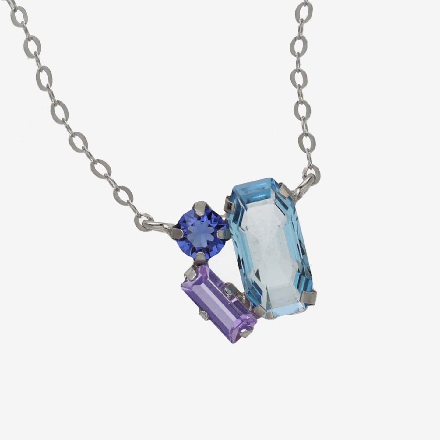 Rhodium Plated Sterling Silver Short necklace rectangle blue crystal from Inspire