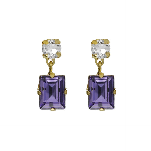 Pendientes cortos rectángulo cristal morado en Plata baño Oro de Serenity