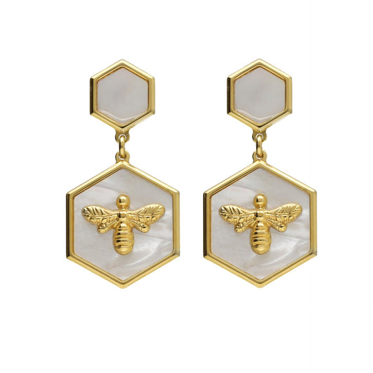 Pendientes largos abeja nácar en Plata baño Oro de Honey