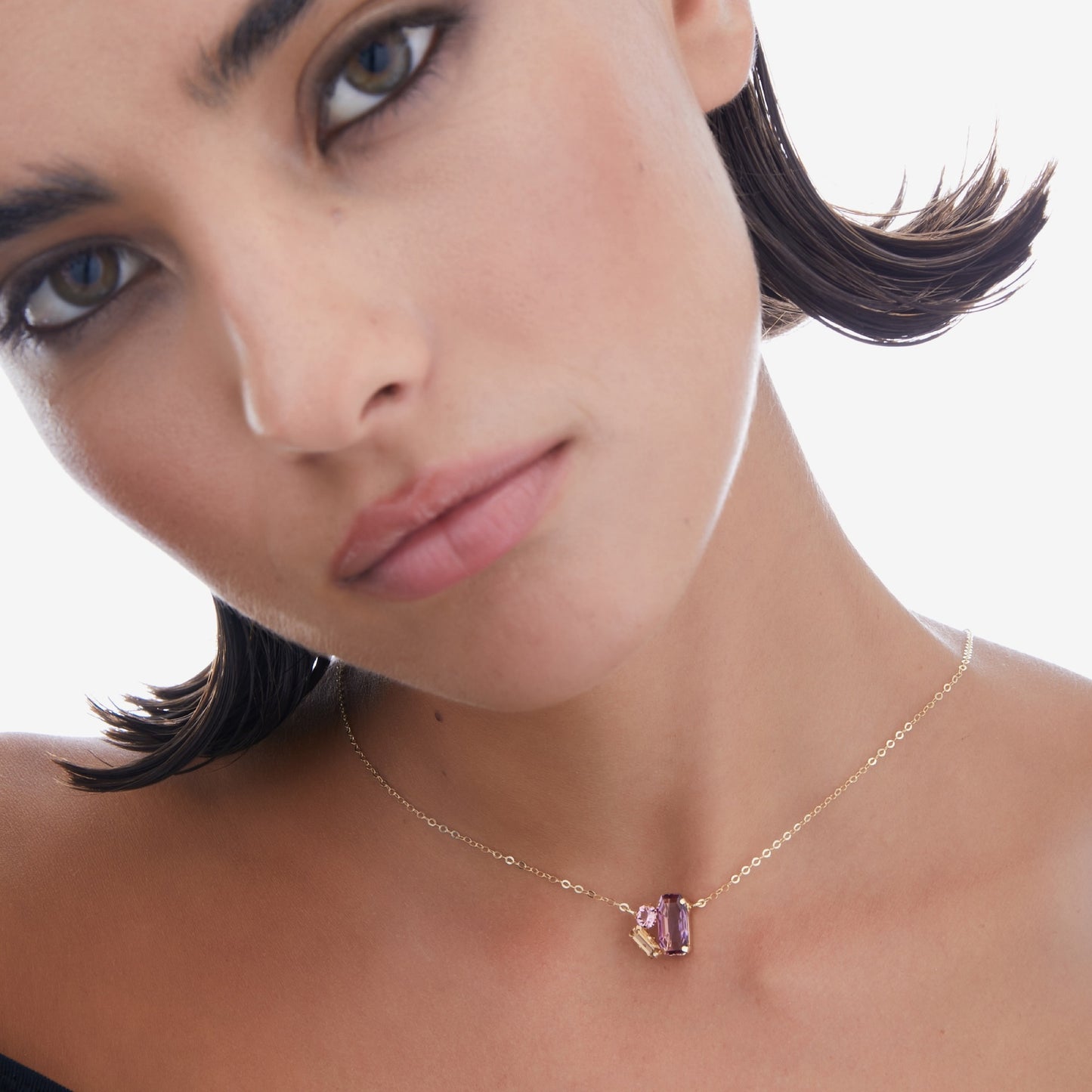 Gold plated Sterling Silver Short necklace rectangle violet crystal from Inspire