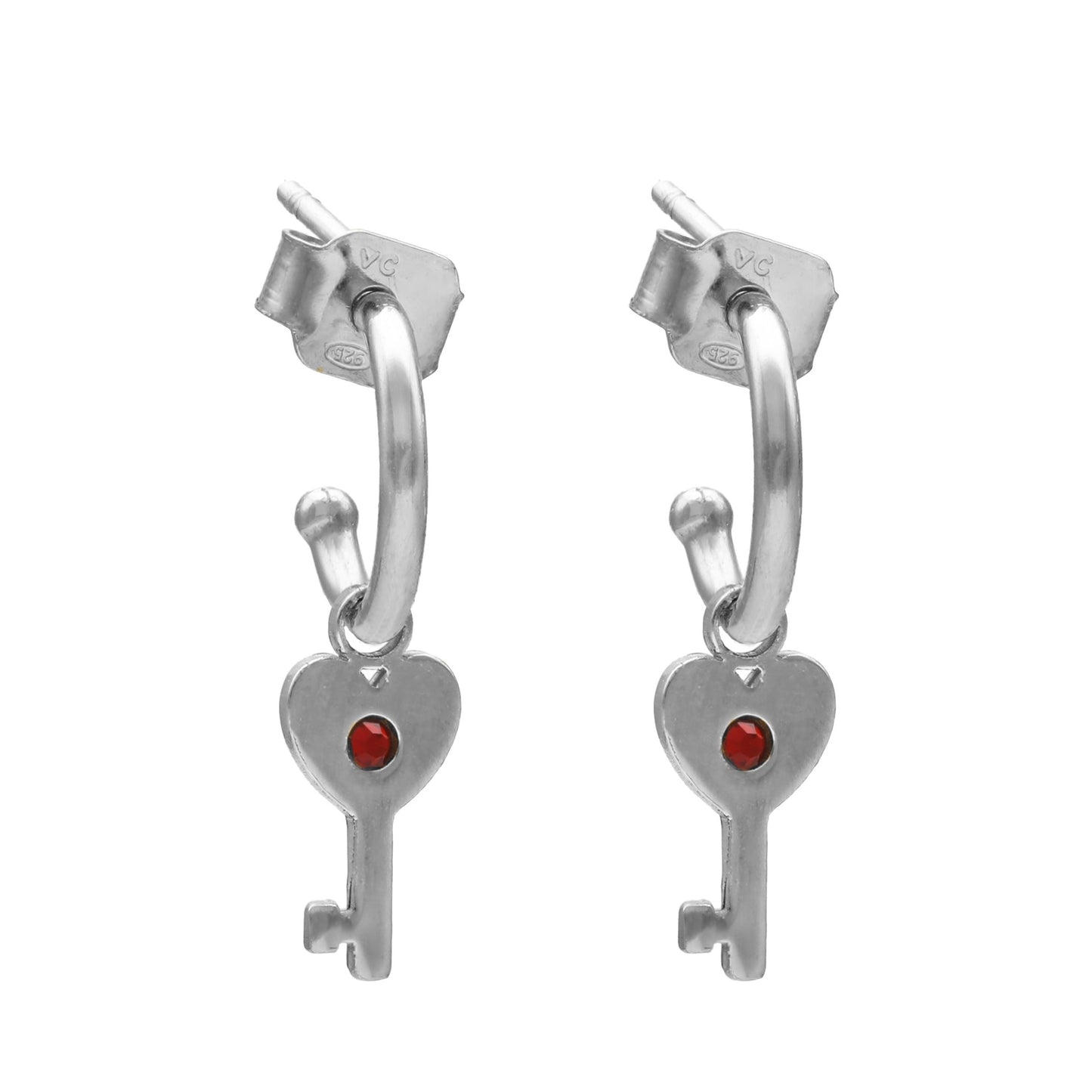 Pendientes aro llave cristal rojo en Plata