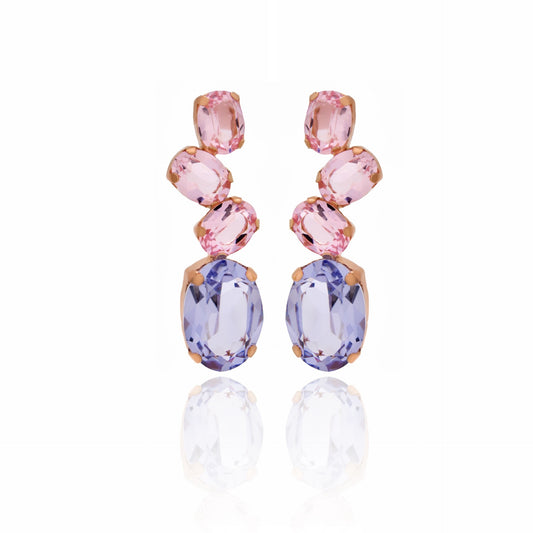 Pendientes largos oval cristal rosa en Plata baño Oro Rosa de Aura