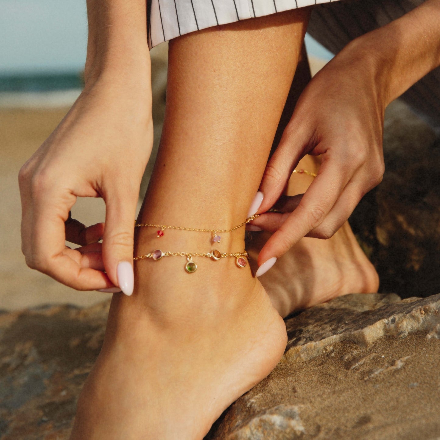 Sterling Silver Anklet multicolor crystal