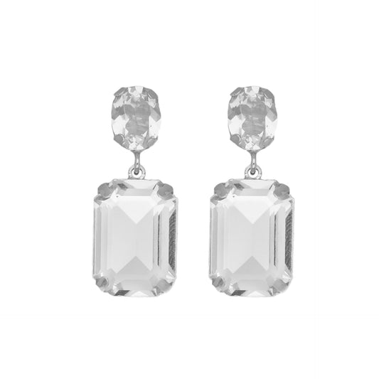 Rhodium Plated Sterling Silver Short earrings rectangle white crystal from Helena