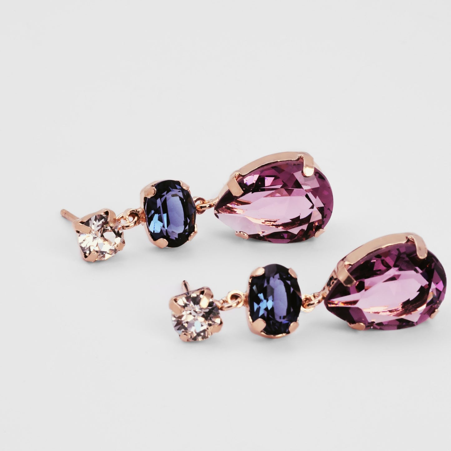 Rose Gold plated Sterling Silver Long earrings drop purple crystal from Blooming