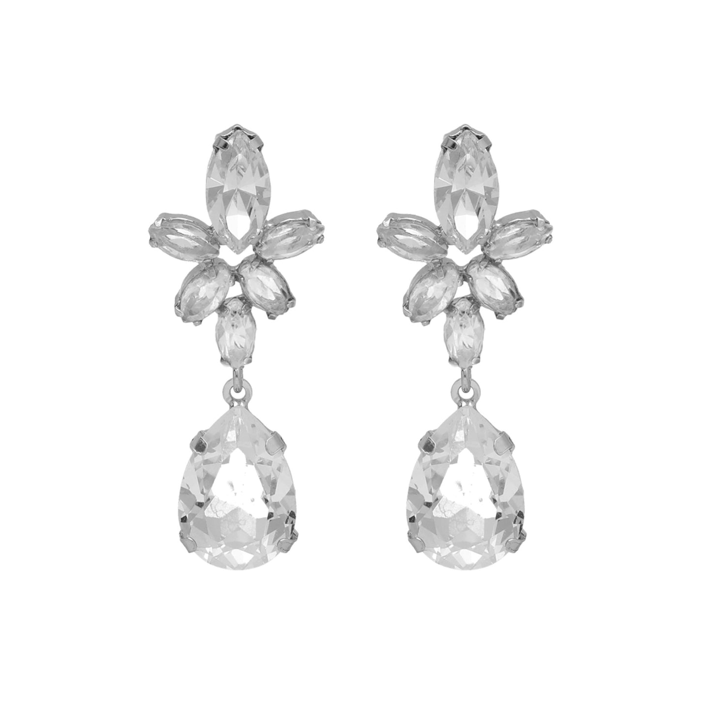 Rhodium Plated Sterling Silver Long earrings flower white crystal from Grace