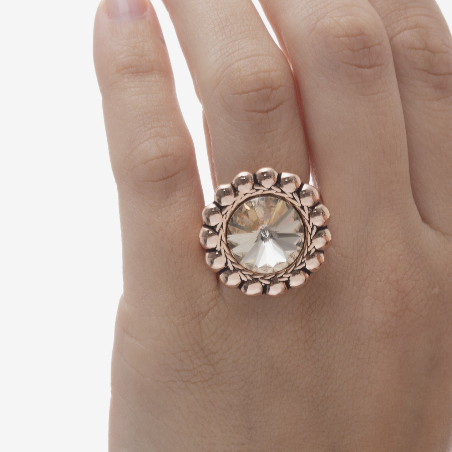 Anillo ajustable cristal champán en Plata baño Oro Rosa de Etrusca