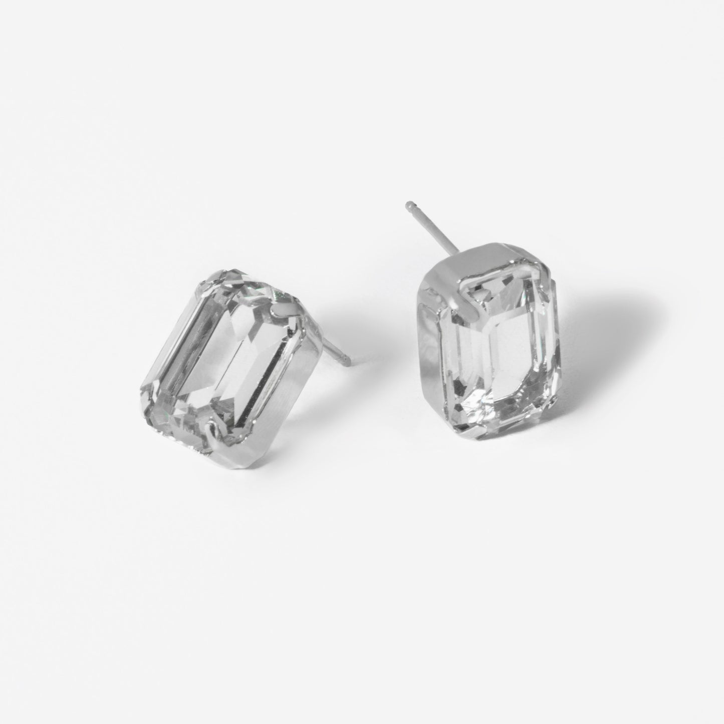 Rhodium Plated Sterling Silver Stud earrings rectangle white crystal from Helena