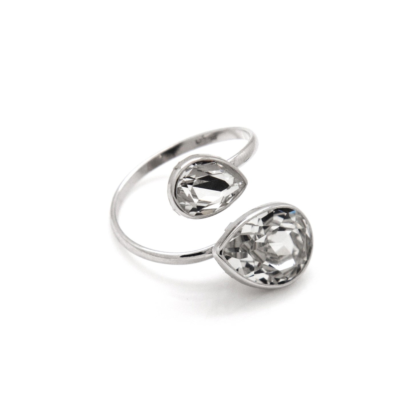 Rhodium Plated Sterling Silver Adjustable ring drop crystal from Essential