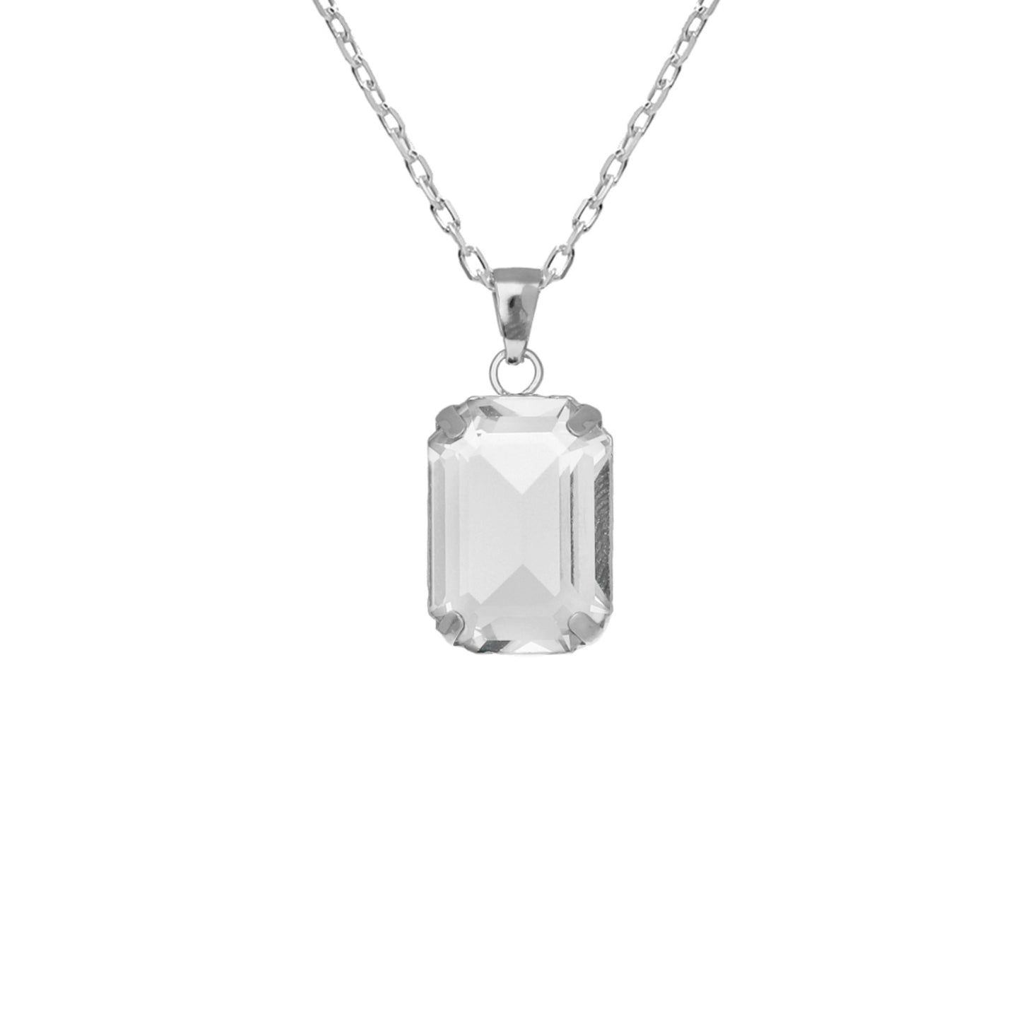 Rhodium Plated Sterling Silver Short necklace rectangle white crystal from Helena