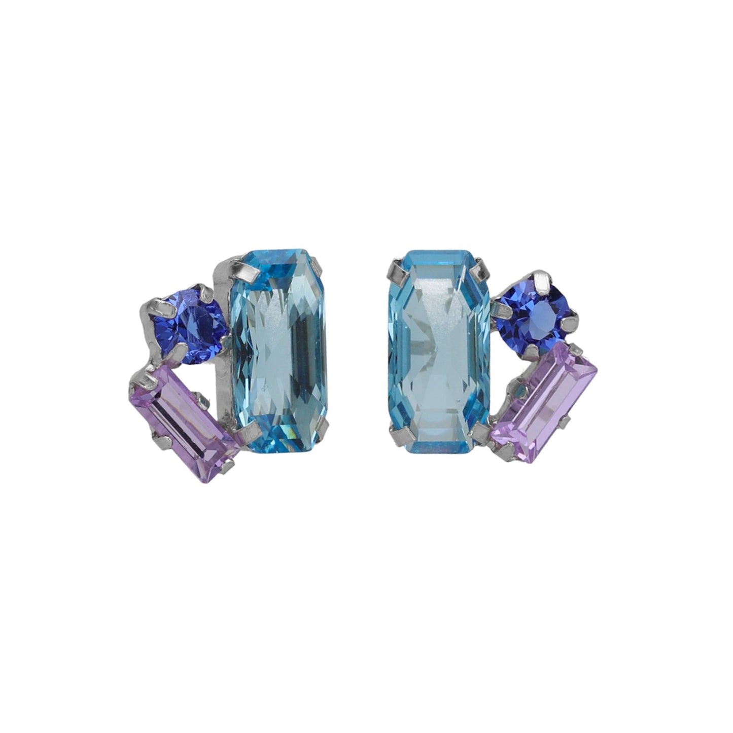 Pendientes botón rectángulo cristal azul en Plata baño rodio de Inspire