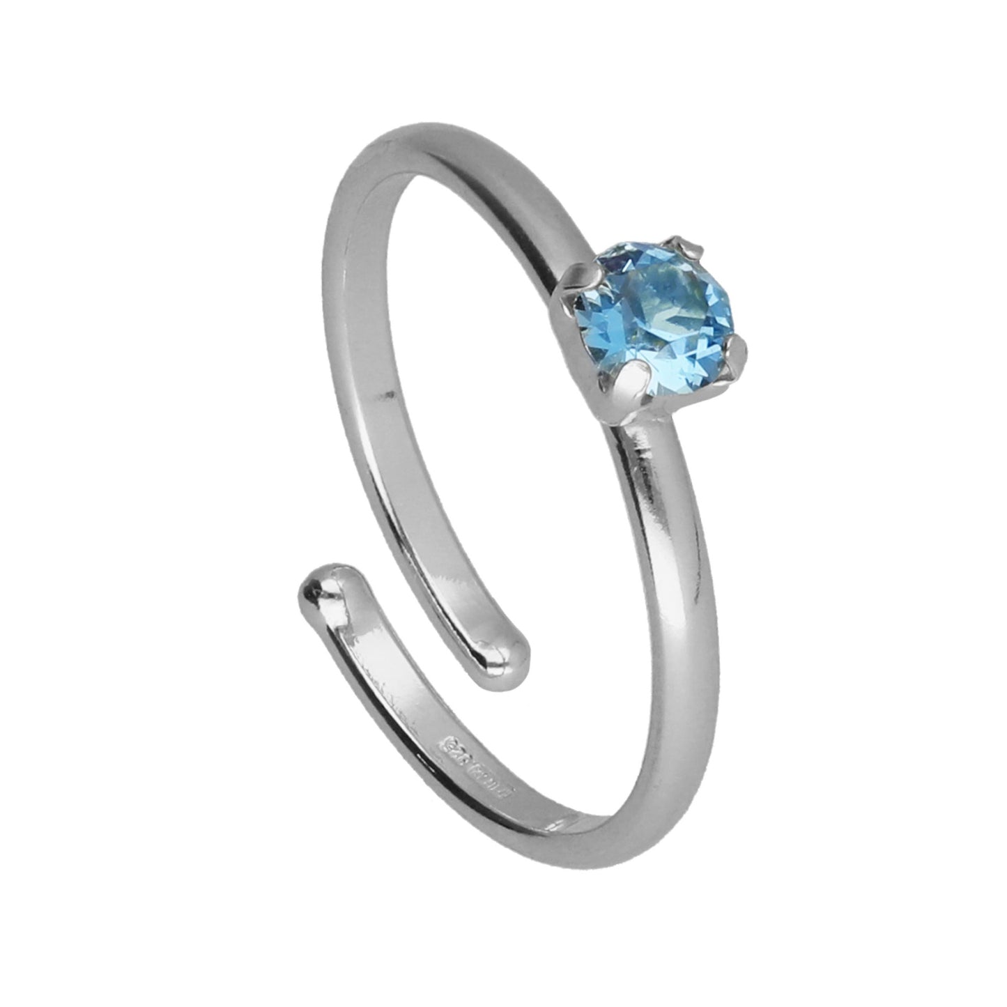 Adjustable solitaire ring with crystal in rhodium plated silver from Clarity