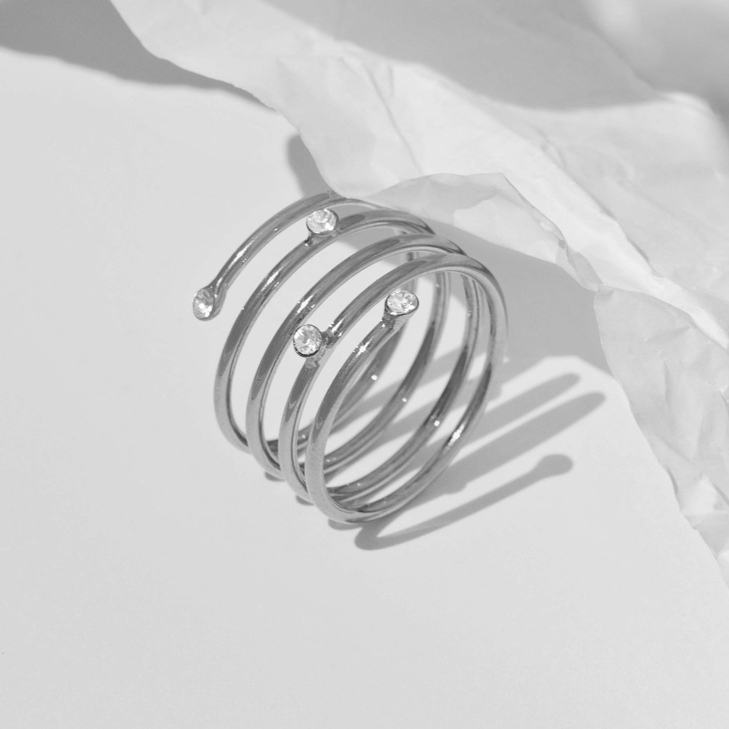 Rhodium Plated Sterling Silver Ring spiral crystal from Iris