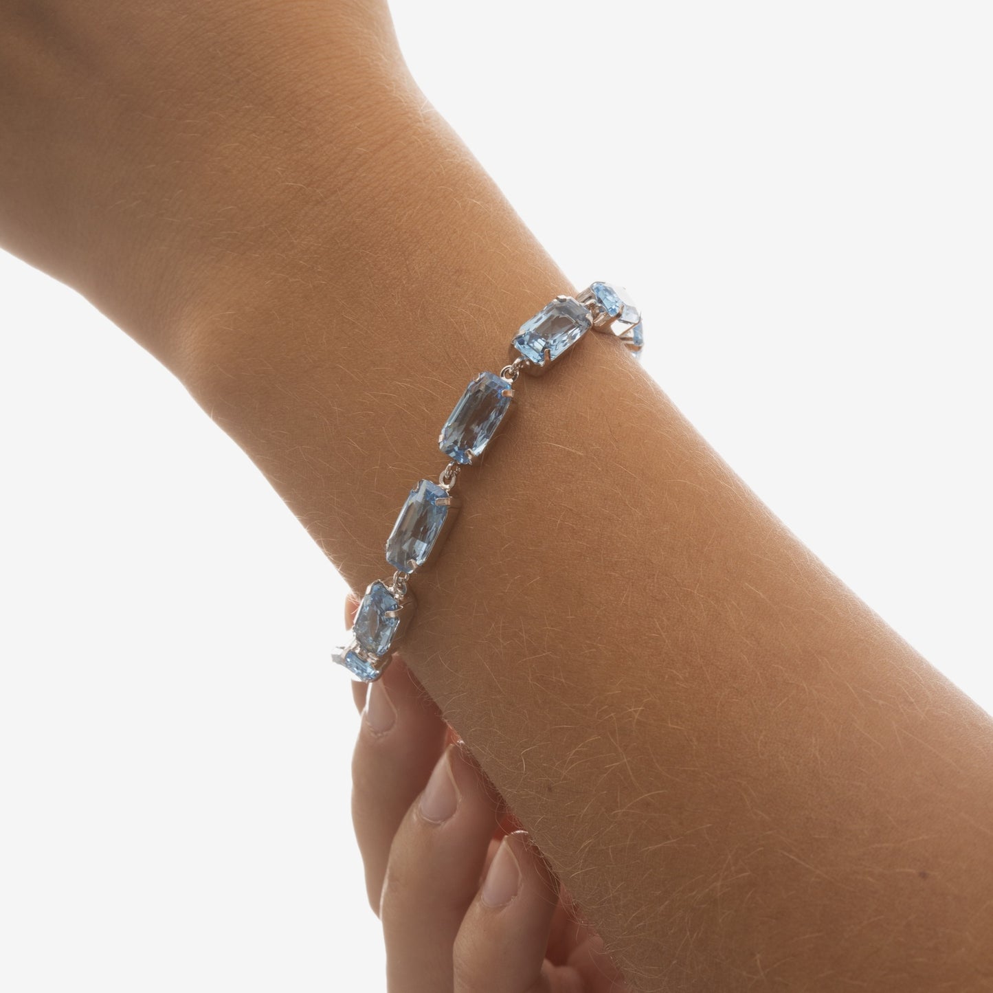 Rhodium Plated Sterling Silver Bracelet rectangle blue crystal from Inspire