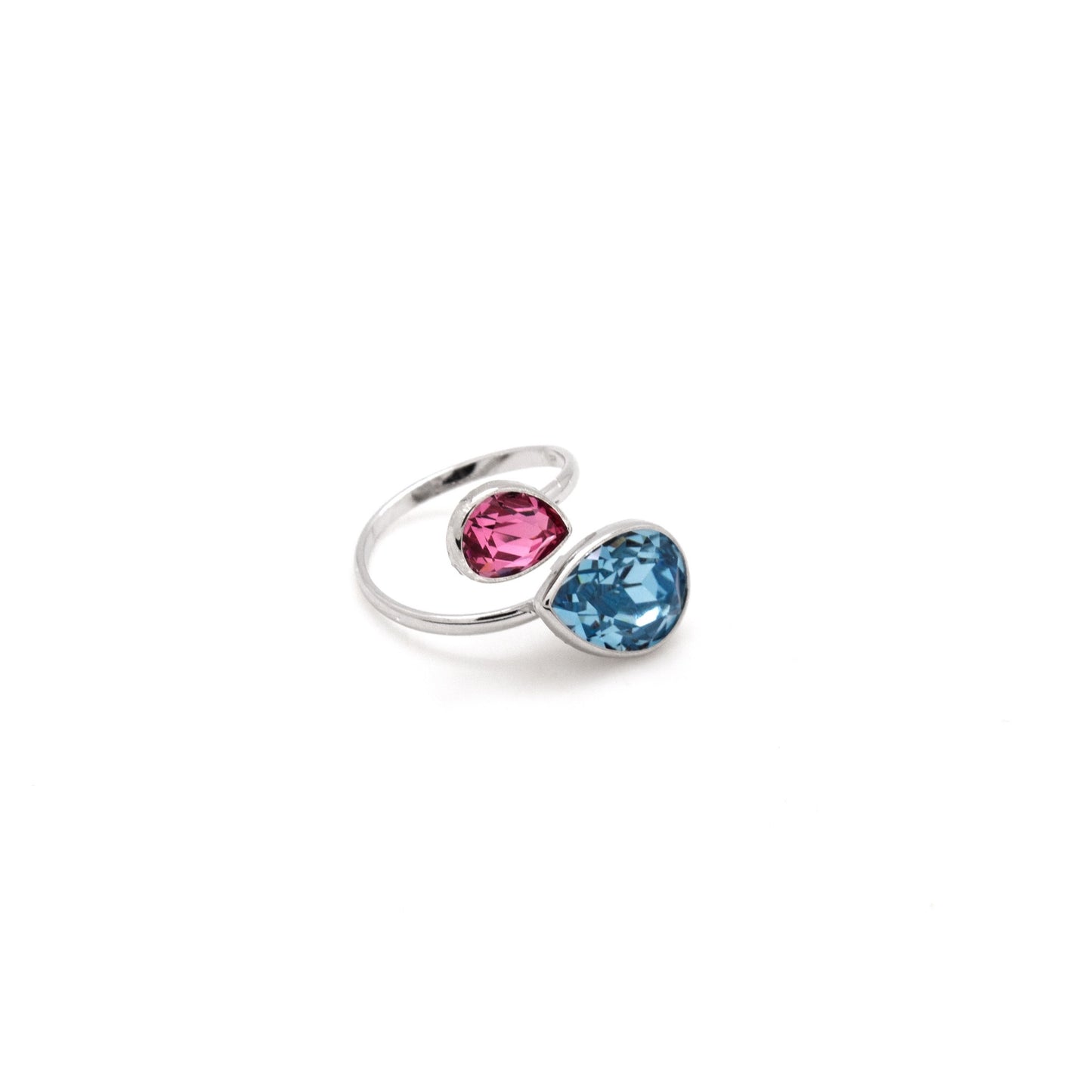 Rhodium Plated Sterling Silver Adjustable ring drop crystal from Essential