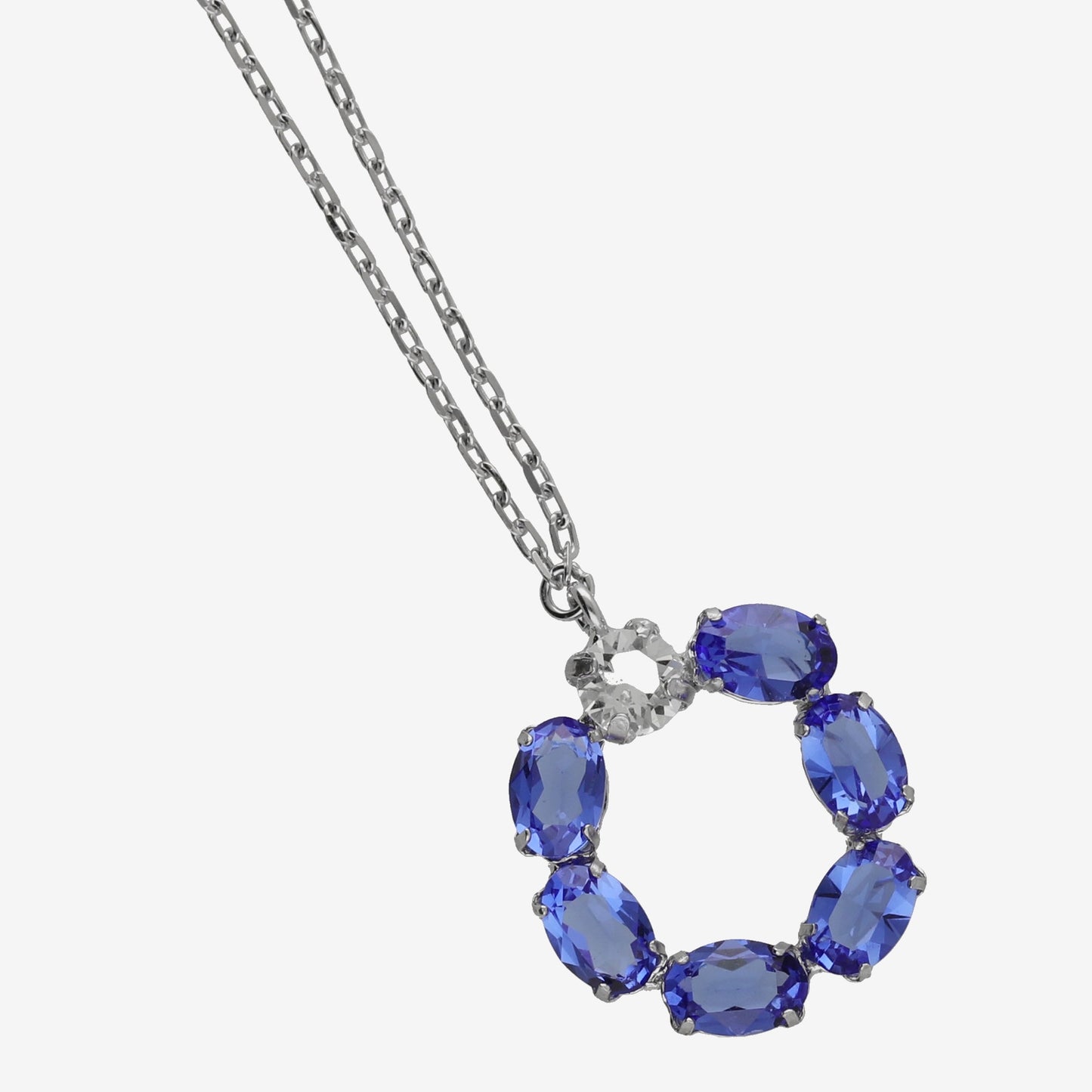 Rhodium Plated Sterling Silver Short necklace circle blue crystal from Harmony