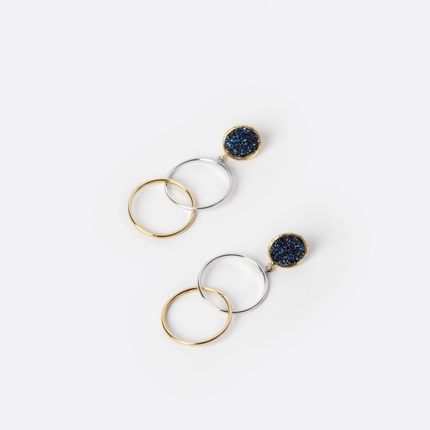 Rhodium and Gold plated Sterling Silver Long earrings circle blue crystal from Chiss