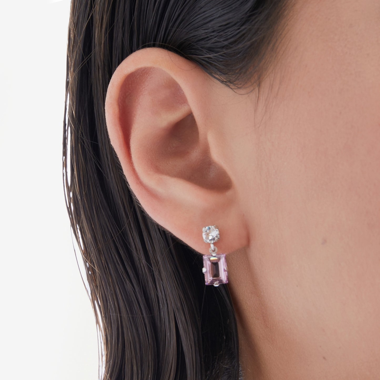 Pendientes cortos rectángulo cristal rosa en Plata baño rodio de Serenity