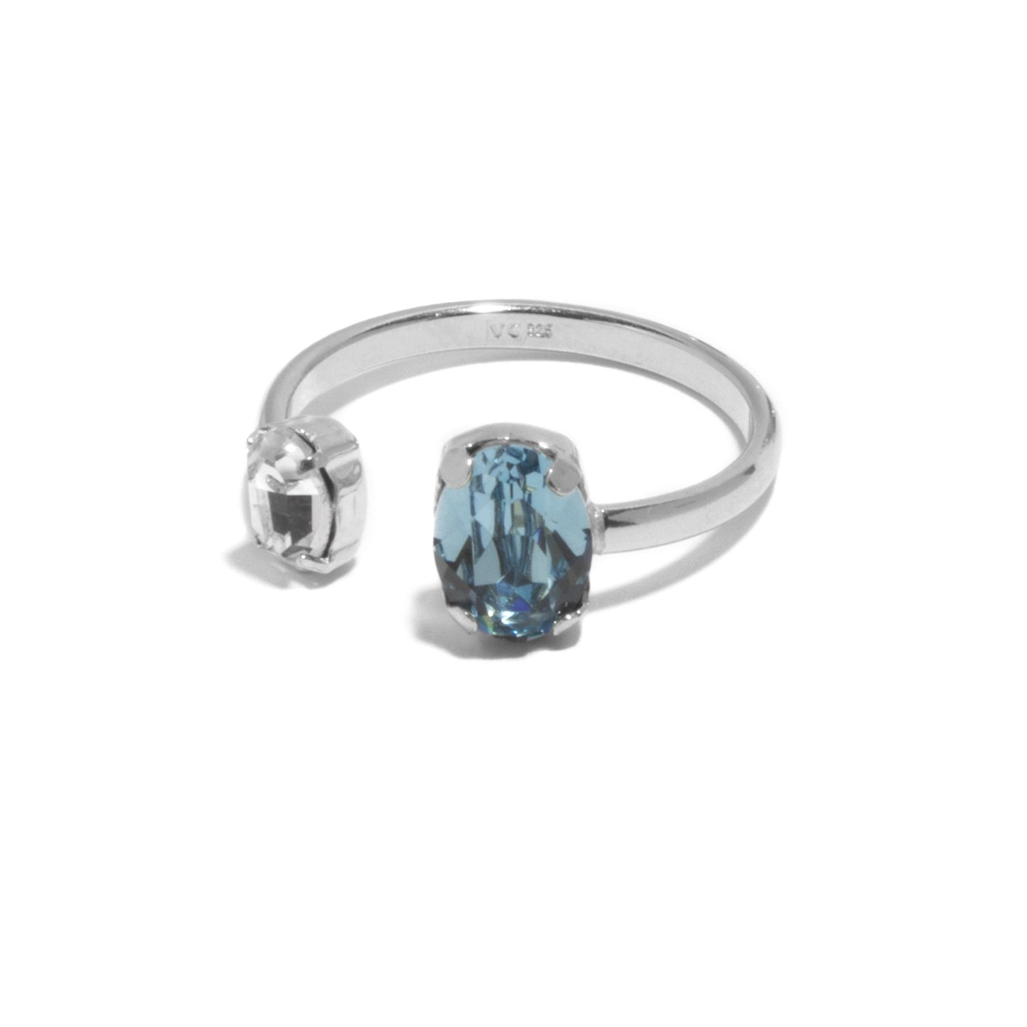 Rhodium Plated Sterling Silver Adjustable ring oval crystal from Gemma