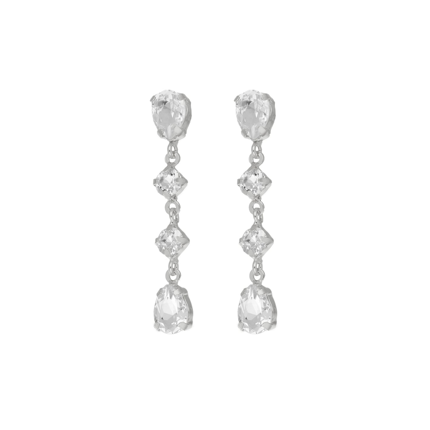 Long white crystal earrings in rhodium plated silver by Eunoia