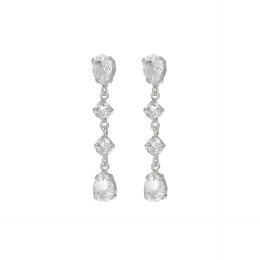 Long white crystal earrings in rhodium plated silver by Eunoia