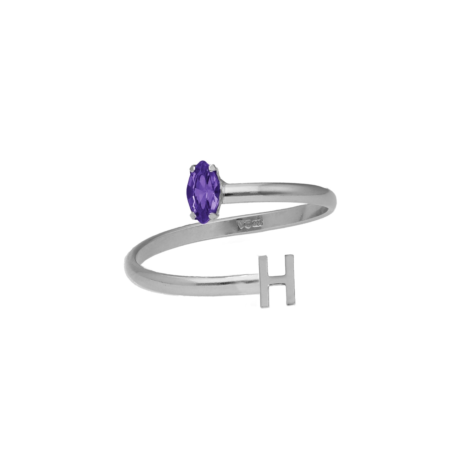 Anillo ajustable personalizado letra morado en Plata baño rodio de Thename