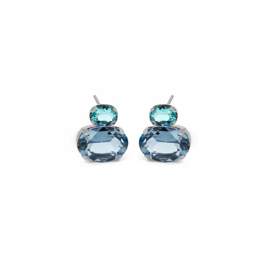 Pendientes cortos oval cristal azul en Plata baño rodio de Oval