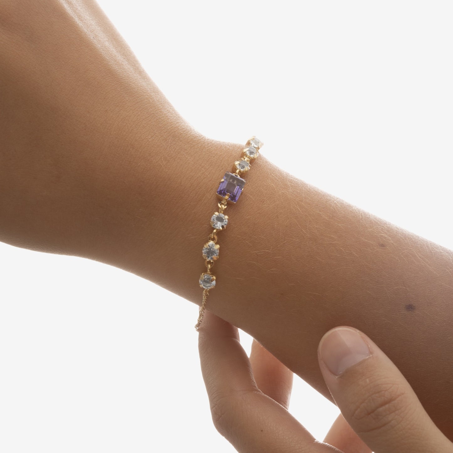 Pulsera rectángulo cristal morado en Plata baño Oro de Serenity