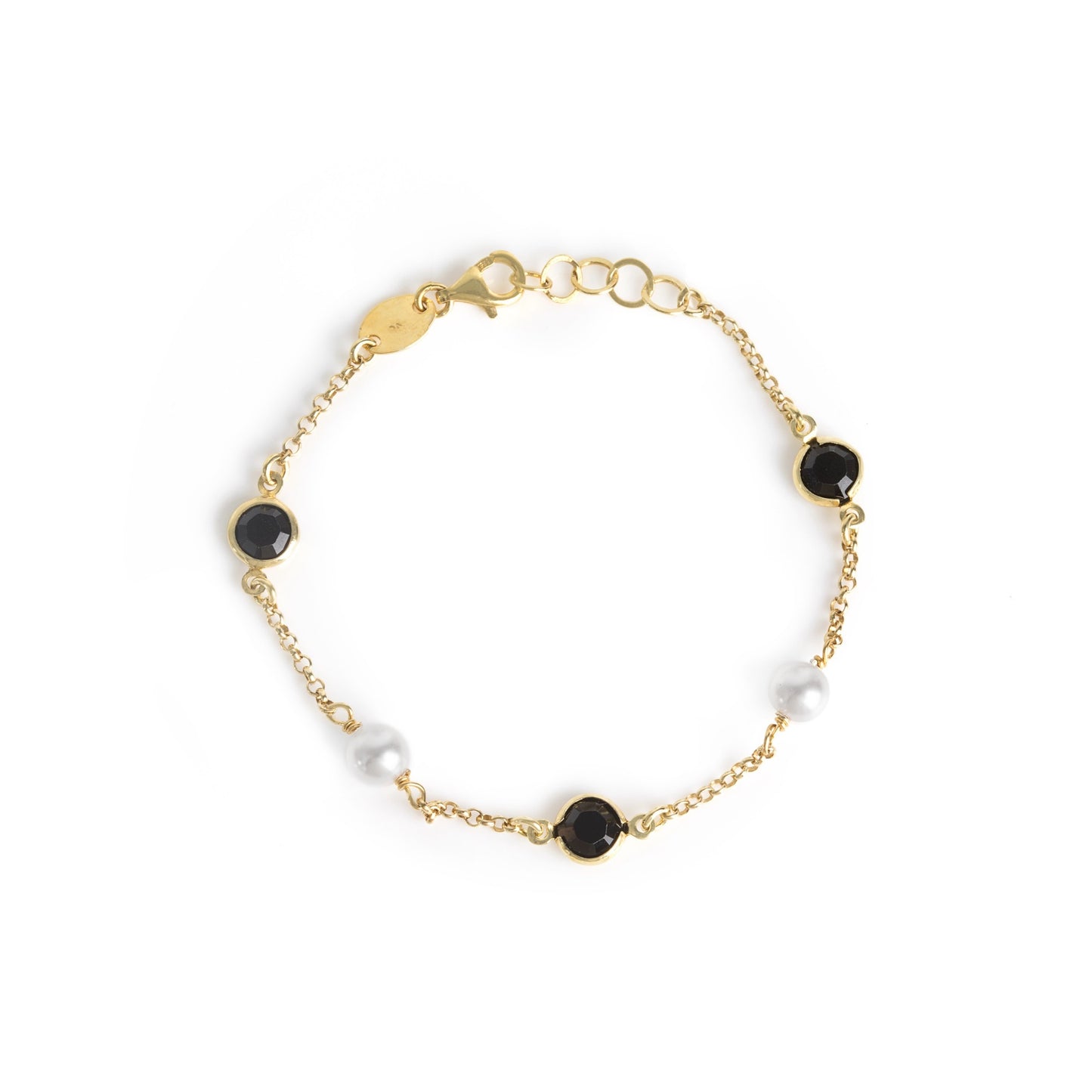 Pulsera cristales y perlas negro en Plata baño Oro de Manacor